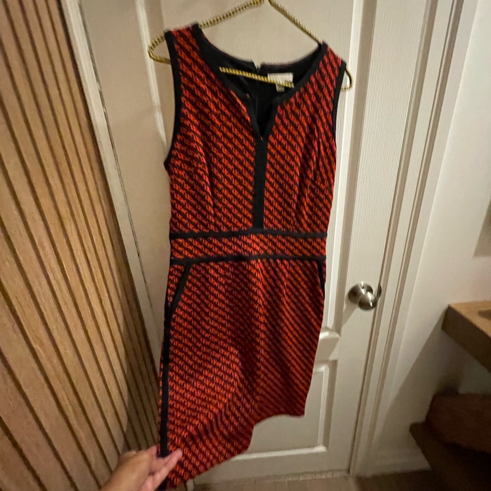 New York & Company Red and Black Sheath Midi Dress V-Neck Sleeveless